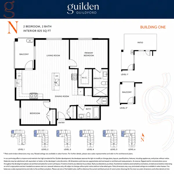 Guilden Guildford Floor Plan N featuring 2 bedrooms, 2 bathrooms, 825 sq ft of interior living space with an open-concept kitchen, dining and living area, primary bedroom with ensuite and walk-in closet, second bedroom, large balcony or patio depending on level, and in-suite laundry.