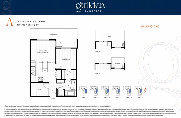 Guilden Floor Plan A by RDG Developments showing a 606 sq. ft. one-bedroom plus den, one-bathroom condominium layout with open-concept living, private balcony, walk-in closet and building location diagram in Guildford, Surrey.