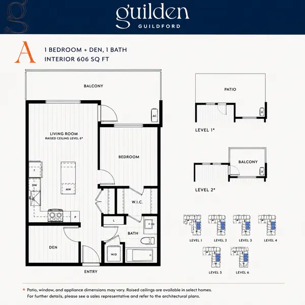 Square floor plan image of Guilden Floor Plan A featuring a 606 sq ft 1-bedroom plus den, 1-bathroom condo in Building One at Guilden, Guildford Surrey, with open-concept living, kitchen island, walk-in closet, private balcony or patio options, and floor location availability.
