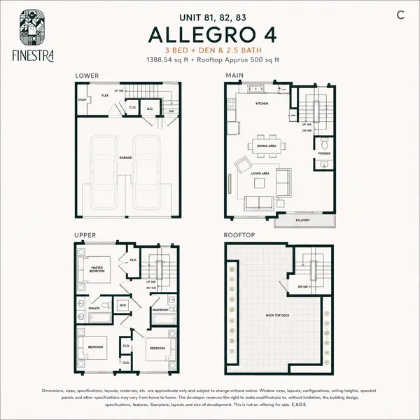 Illustrative Allegro 4 floor plan at Finestra Townhomes in South Surrey featuring a 3 bedroom plus den, 2.5 bathroom layout with approximately 1,388 sq. ft. of interior living space, a double side-by-side garage and an approximate 500 sq. ft. private rooftop patio.