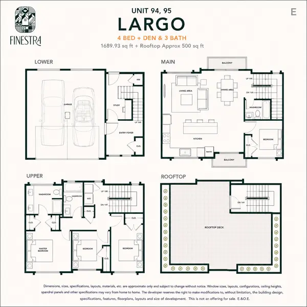 Illustrative Largo E floor plan at Finestra Townhomes in South Surrey featuring approximately 1,690 sq ft with 4 bedrooms, den, 3 bathrooms, a double side-by-side garage, main-floor bedroom, open-concept living area, and an approximately 500 sq ft private rooftop patio.