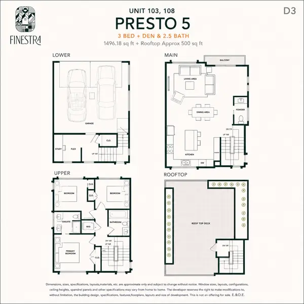 Illustrative Presto 5 D3 floor plan at Finestra Townhomes in South Surrey featuring approximately 1,496 sq ft with 3 bedrooms, den, 2.5 bathrooms, a double side-by-side garage, open-concept main floor, and an approximately 500 sq ft private rooftop patio.