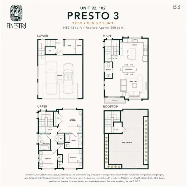 Illustrative Presto 3 B3 floor plan at Finestra Townhomes in South Surrey featuring 1,485 sq ft with 3 bedrooms, den, 2.5 bathrooms, a double side-by-side garage, open-concept main floor, and approximately 500 sq ft private rooftop patio.