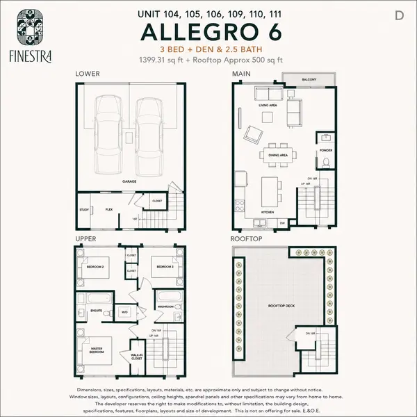 Finestra Allegro 6 D floor plan featuring 1,399 sq ft with 3 bedrooms, den, 2.5 bathrooms, a double side-by-side garage, open-concept main floor, and approximately 500 sq ft private rooftop patio in South Surrey.