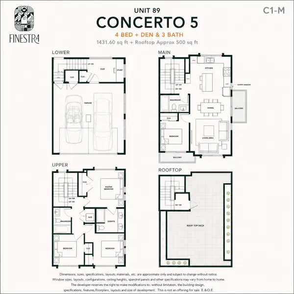 Illustrative Concerto 5 C1-M floor plan at Finestra Townhomes in South Surrey featuring approximately 1,432 sq ft with 4 bedrooms, den, 3 bathrooms, a double side-by-side garage, open-concept main floor, and an approximately 500 sq ft private rooftop patio.