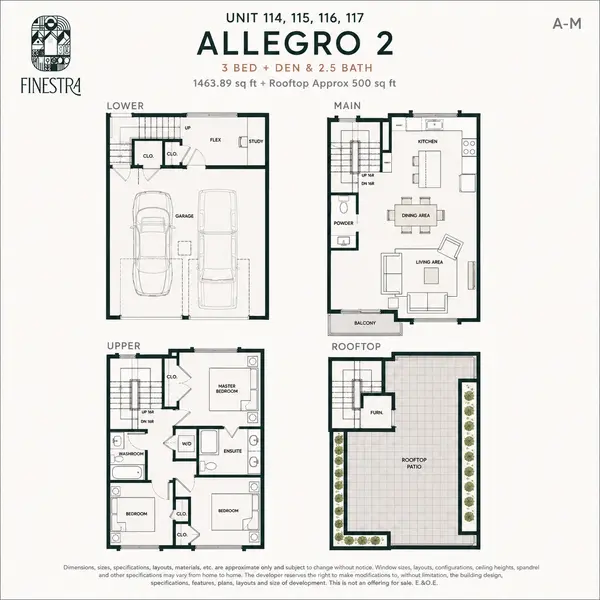 Illustrative Allegro 2 floor plan at Finestra Townhomes in South Surrey featuring a 3 bedroom plus den, 2.5 bathroom layout with a double side-by-side garage, flexible lower-level space and an approximate 500 sq. ft. rooftop patio.