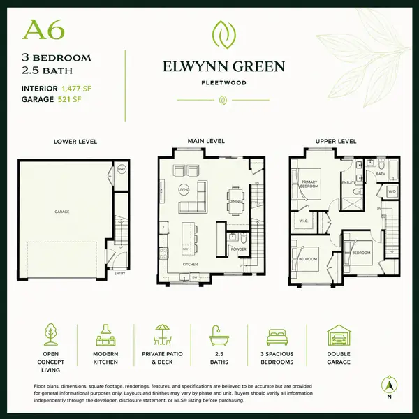 Elwynn Green A6 floor plan featuring a 3-bedroom, 2.5-bath townhome with approximately 1,477 sq. ft. of interior living space, open-concept main floor, double garage, and three-level layout in Fleetwood, Surrey.