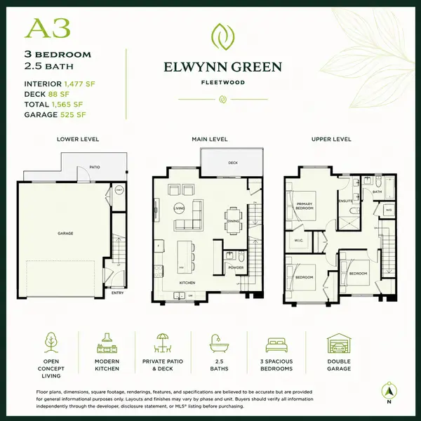 Elwynn Green A3 floor plan featuring a 3-bedroom, 2.5-bathroom townhome in Fleetwood Surrey with approximately 1,477 sq. ft. of interior living space, open-concept main floor, double garage, and private outdoor deck.