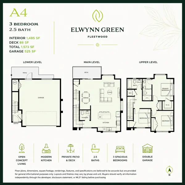 Elwynn Green Floor Plan A4 featuring a 3-bedroom, 2.5-bath townhome with 1,485 sq ft of interior living space, 88 sq ft deck, 525 sq ft double garage, and three-level layout in Fleetwood, Surrey BC.