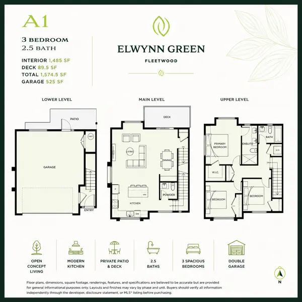 Floor Plan A1 at Elwynn Green in Fleetwood, Surrey featuring a 3-bedroom, 2.5-bathroom townhome with approximately 1,485 sq ft of interior living space, open-concept main floor, private deck, and oversized double garage.
