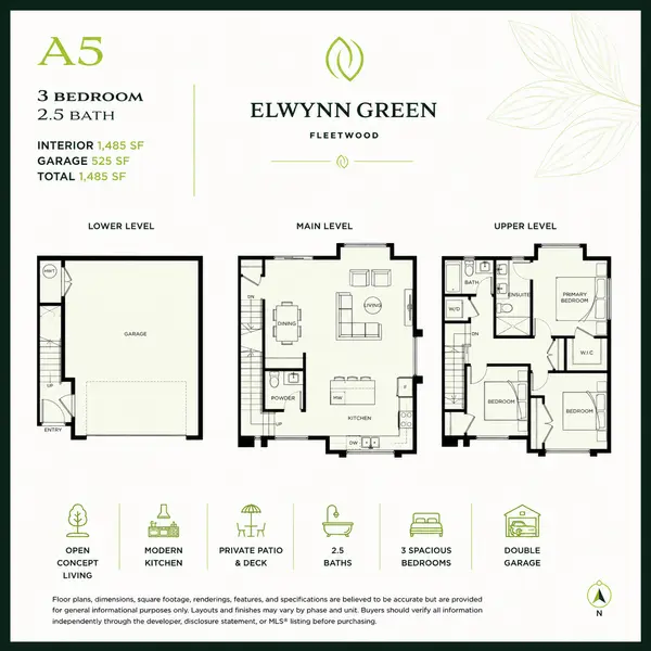 Elwynn Green A5 floor plan featuring a 3-bedroom, 2.5-bath townhome with approximately 1,485 sq. ft. of interior living space, open-concept main floor, double garage, and three-level layout in Fleetwood, Surrey.