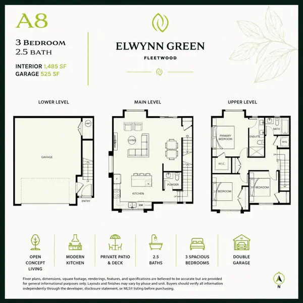 Elwynn Green Floor Plan A8 – 3 bedroom, 2.5 bathroom townhome in Fleetwood Surrey featuring approximately 1,485 sq. ft. of interior living space, a 525 sq. ft. garage, open-concept main floor, spacious primary bedroom with ensuite, and two additional bedrooms.
