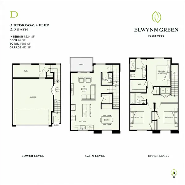 Elwynn Green D floor plan featuring a 3-bedroom plus flex, 2.5-bath townhome with 1,624 sq ft of interior living space, a 64 sq ft deck, 412 sq ft double garage, and three-level layout in Fleetwood, Surrey, BC.