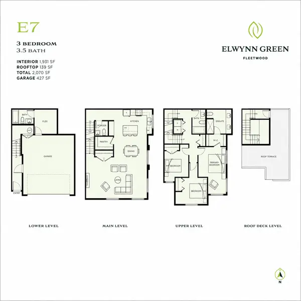 Elwynn Green E7 floor plan featuring a 3-bedroom, 3.5-bath townhome with 1,931 sq. ft. of interior living space, a 427 sq. ft. garage, a flex room with adjacent full bathroom on the entry level, and a 139 sq. ft. private rooftop terrace. The layout includes four levels: lower, main, upper, and roof deck.