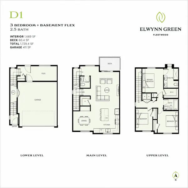 Elwynn Green D1 floor plan featuring a 3-bedroom plus basement flex, 2.5-bath townhome with 1,669 sq ft of interior living space, a 60.4 sq ft deck, 411 sq ft side-by-side garage, and a three-level layout in Fleetwood, Surrey, BC.