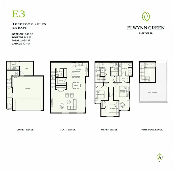 E3 floor plan at Elwynn Green in Fleetwood featuring a 3-bedroom plus flex, 3.5-bath townhome with 1,949 sq. ft. of interior living space, a 145 sq. ft. private rooftop terrace, 427 sq. ft. garage, and a spacious four-level layout with a flex room and rooftop deck.