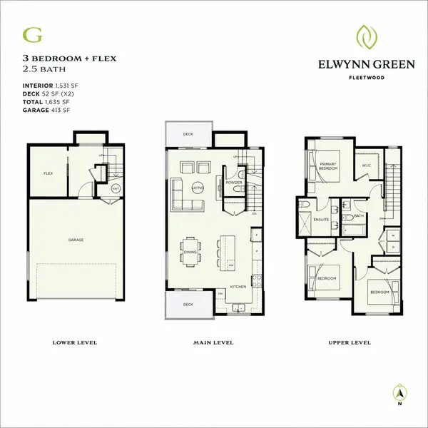 Elwynn Green G floor plan featuring a 3-bedroom plus flex, 2.5-bath townhome with 1,531 sq. ft. of interior living space, a 413 sq. ft. garage, two 52 sq. ft. private decks, and a functional three-level layout with an entry-level flex room, open-concept main floor, and upper bedroom level.