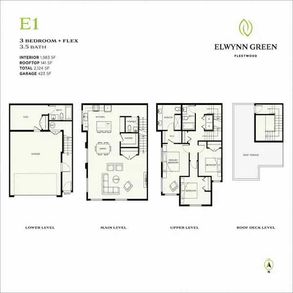 E1 floor plan at Elwynn Green in Fleetwood featuring a 3-bedroom plus flex, 3.5-bath townhome with 1,983 sq. ft. of interior living space, a 141 sq. ft. private rooftop terrace, 423 sq. ft. garage, and a spacious four-level layout with a flex room and rooftop deck.