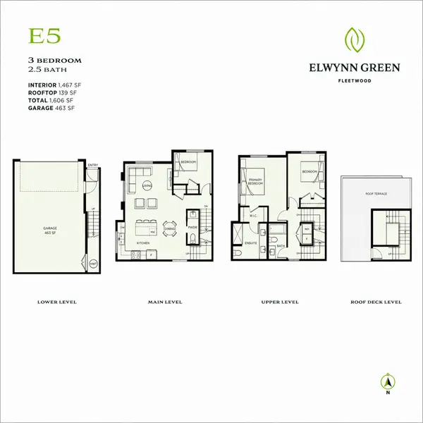 E5 floor plan at Elwynn Green in Fleetwood featuring a 3-bedroom, 2.5-bath townhome with 1,467 sq. ft. of interior living space, a 139 sq. ft. private rooftop terrace, 463 sq. ft. garage, and a four-level layout designed for modern family living.