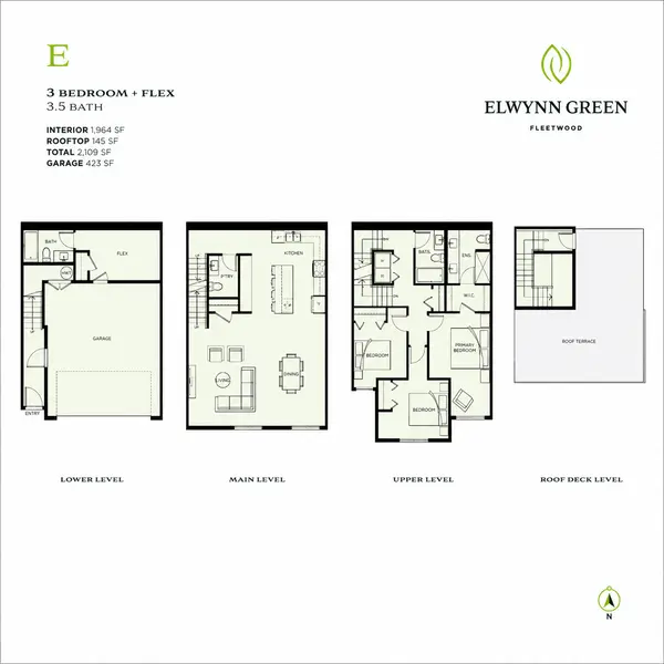 E floor plan at Elwynn Green in Fleetwood featuring a 3-bedroom plus flex, 3.5-bath townhome with 1,964 sq. ft. of interior living space, a 145 sq. ft. private rooftop terrace, 423 sq. ft. garage, and a four-level layout including a flex room and rooftop deck.