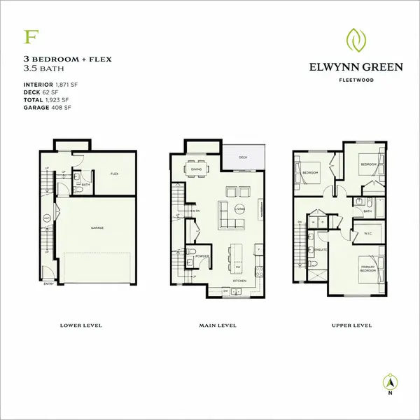Elwynn Green F floor plan featuring a 3-bedroom plus flex, 3.5-bath townhome with 1,871 sq. ft. of interior living space, a 408 sq. ft. garage, a 52 sq. ft. deck, and three thoughtfully designed levels including a flexible entry-level room, open-concept main floor, and upper bedroom level.