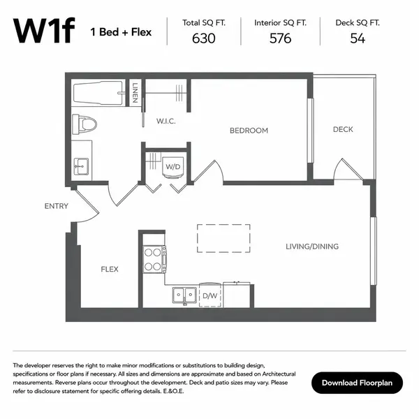 W1f one-bedroom plus flex floor plan at Fleetwood Village 2 Condos in Fleetwood, Surrey, featuring 630 square feet of total living space with 576 square feet of interior area, an open-concept kitchen and living room, flex space, walk-in closet, in-suite laundry, and a private 54-square-foot deck.