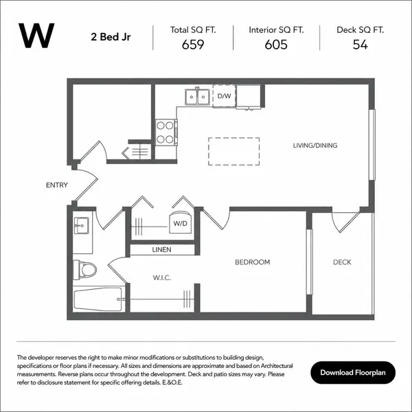 W two-bedroom junior floor plan at Fleetwood Village 2 Condos in Fleetwood, Surrey, featuring 659 square feet of total living space with 605 square feet of interior area, an open-concept kitchen and living room, walk-in closet, in-suite laundry, and a private 54-square-foot deck.