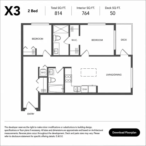 X3 two-bedroom floor plan at Fleetwood Village 2 Condos in Fleetwood, Surrey, featuring 814 square feet of total living space with 764 square feet of interior area, an open-concept kitchen and living room, two spacious bedrooms, walk-in closet, in-suite laundry, and a private 50-square-foot deck.