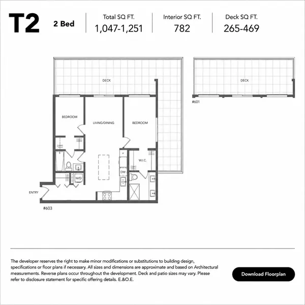 T2 two-bedroom floor plan at Fleetwood Village 2 Condos in Fleetwood, Surrey, featuring 1,047 to 1,251 square feet of total living space with 782 square feet of interior area and an expansive private deck ranging from 265 to 469 square feet.