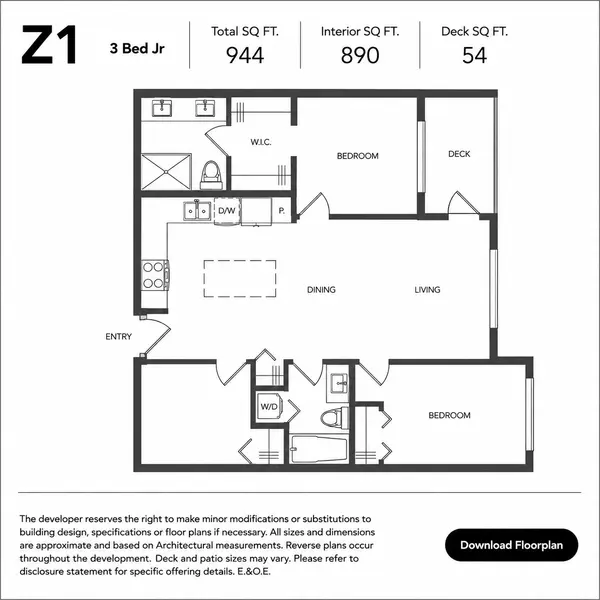 Z1 three-bedroom junior floor plan at Fleetwood Village 2 Condos in Fleetwood, Surrey, featuring 944 square feet of total living space with 890 square feet of interior area, three bedrooms, two bathrooms, a walk-in closet, in-suite laundry, open-concept living and dining area, and a private 54-square-foot deck.