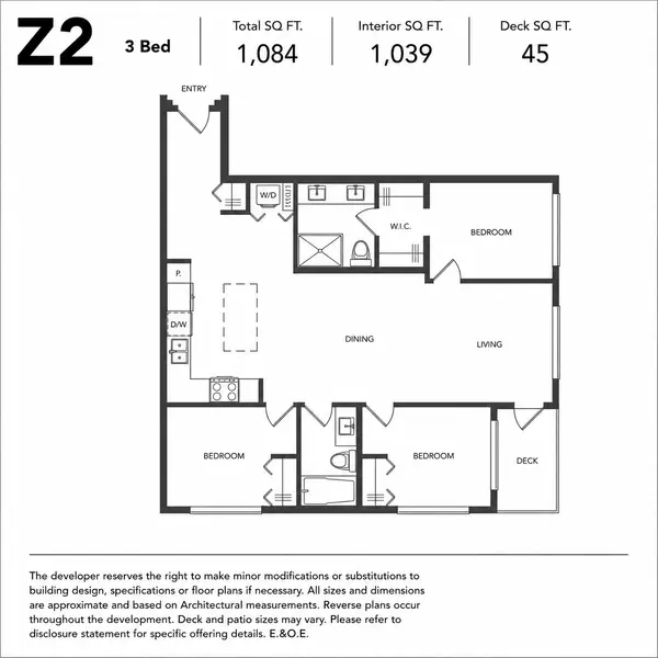Z2 three-bedroom floor plan at Fleetwood Village 2 Condos in Fleetwood, Surrey, featuring 1,084 square feet of total living space with 1,039 square feet of interior area, three bedrooms, two bathrooms, walk-in closet, in-suite laundry, open-concept kitchen and living area, and a private 45-square-foot deck.