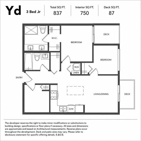 Yd three-bedroom junior floor plan at Fleetwood Village 2 Condos in Fleetwood, Surrey, featuring 837 square feet of total living space with 750 square feet of interior area, three bedrooms, two bathrooms, in-suite laundry, walk-in closet, and two private decks totaling 87 square feet.