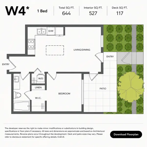 W4 one-bedroom floor plan at Fleetwood Village 2 Condos in Fleetwood, Surrey, featuring 644 square feet of total living space with 527 square feet of interior area, a spacious open-concept layout, walk-in closet, in-suite laundry, and a private 117-square-foot patio.