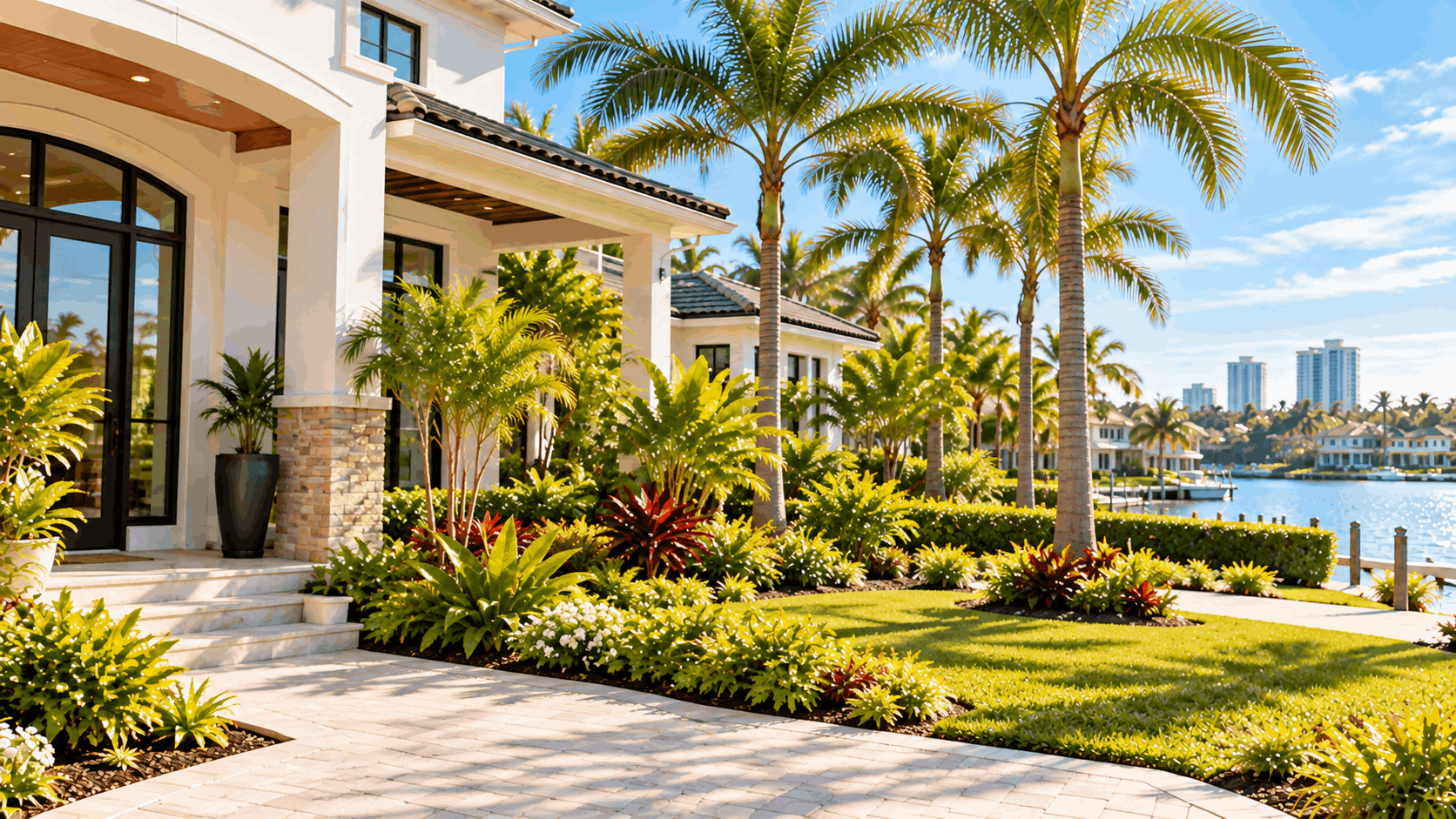 Tropical Waterfront Mansion and Palms