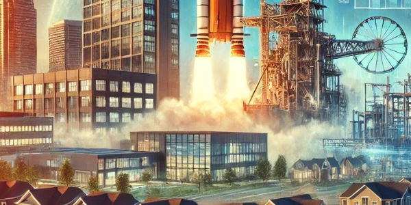 A dynamic and professional image representing the thriving job market and booming real estate in Northern Alabama. The foreground features a modern office building symbolizing the tech and defense industries, alongside a residential neighborhood with new homes, reflecting the area’s real estate growth. In the background, a manufacturing facility highlights the region’s strong industrial base. The iconic Huntsville skyline, including the Saturn V rocket, stands tall in the backdrop, symbolizing the city’s deep ties to the aerospace industry. The overall atmosphere is vibrant and forward-looking, capturing the growth and opportunities in Huntsville, Madison, and Decatur.​
