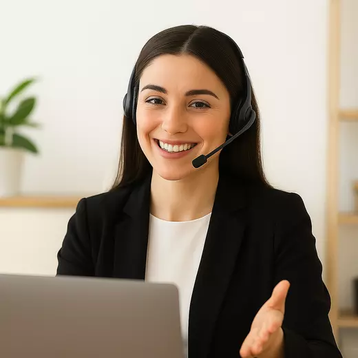 Smiling concierge representative offering real estate concierge network support and lifetime home services