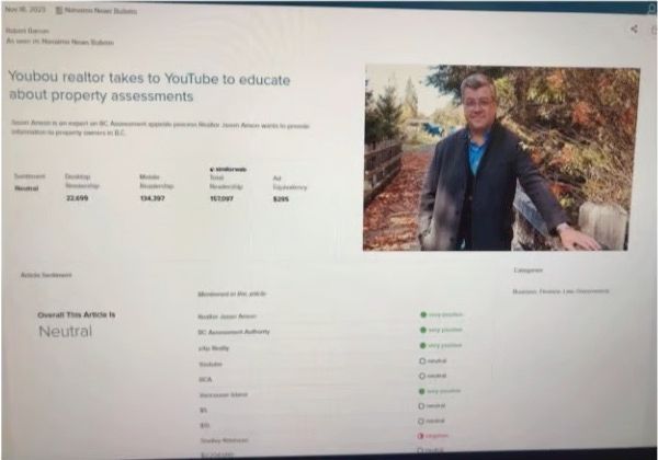 Screenshot from BC Assessment’s internal media tracking system showing Jason Anson flagged in a Nanaimo News Bulletin article, November 2023