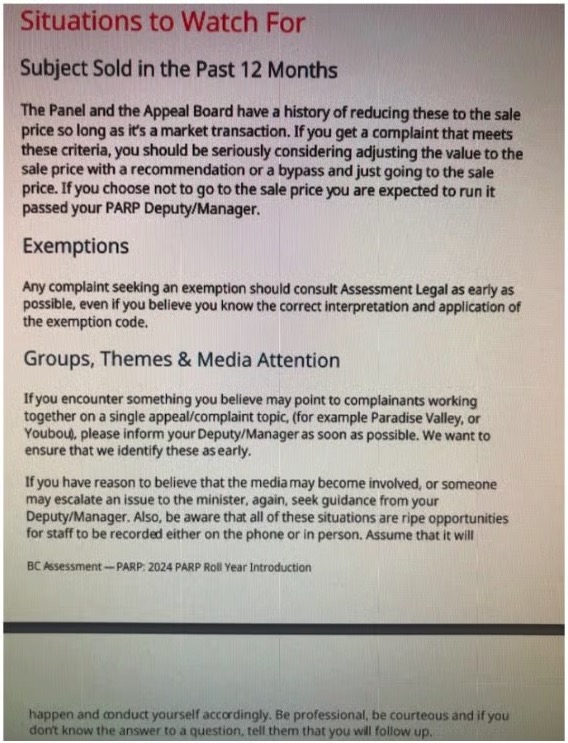 Screenshot of BC Assessment training slide titled 'Situations to Watch For' with guidance on recent sales, exemptions, and groups or media attention, including a reference to Youbou and Paradise Valley, December 2023