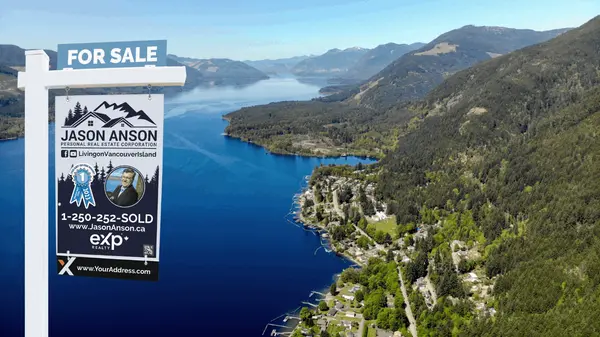 Jason Anson Real Estate for sale sign with Lake Cowichan waterfront community in the background