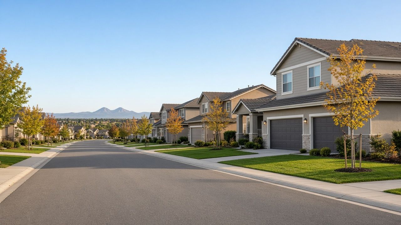 Tree-lined street of newer two-story and single-story homes with garages and green lawns in a Yuba County subdivision, with the Sutter Buttes on the horizon