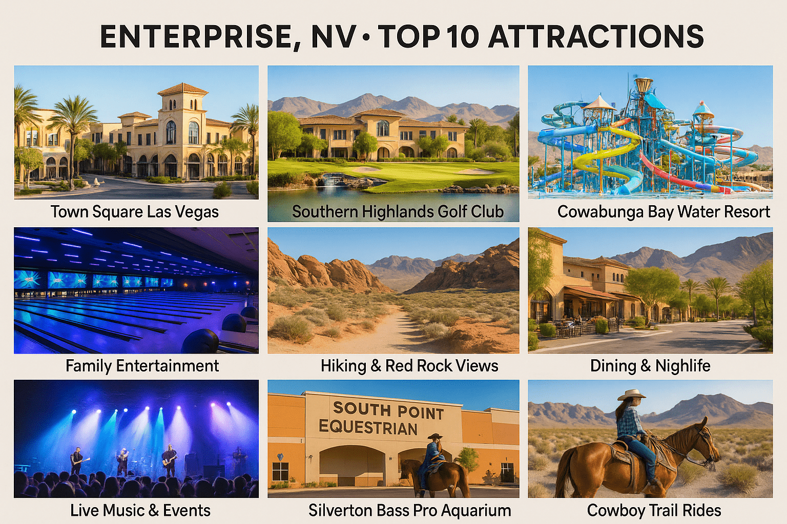Enterprise Nevada top 10 attractions featuring Town Square Las Vegas, Southern Highlands Golf Club, Cowabunga Bay Water Resort, and Southwest Las Vegas entertainment destinations
