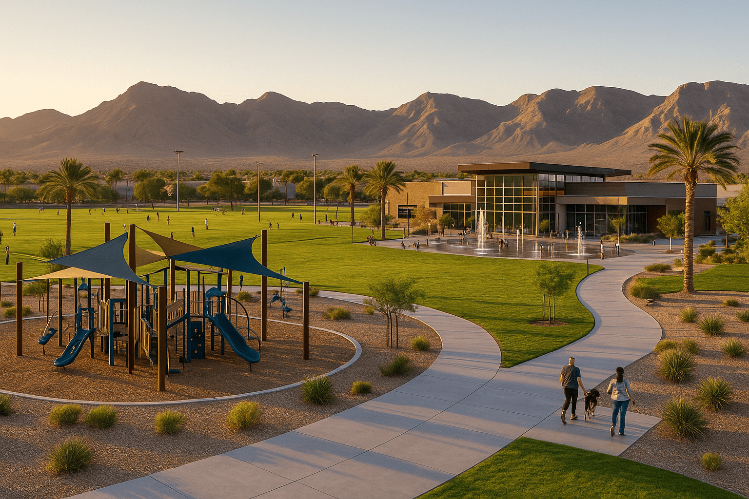 Enterprise Nevada community parks featuring Desert Breeze Park playground, sports fields, walking trails, recreation centers and family outdoor spaces