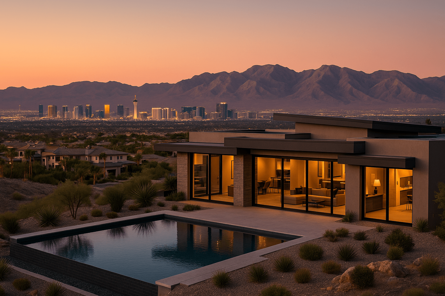 Enterprise Nevada luxury homes with premium mountain views, Las Vegas Strip views, and city skyline panoramas from Southern Highlands, Seven Hills, and exclusive communities