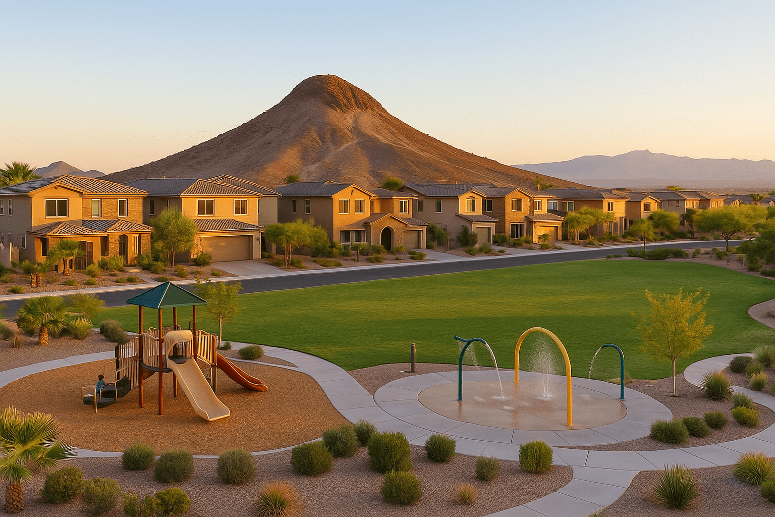 Mountain's Edge Las Vegas master-planned community with desert landscapes, Exploration Peak, modern homes, and family amenities in Southwest Las Vegas