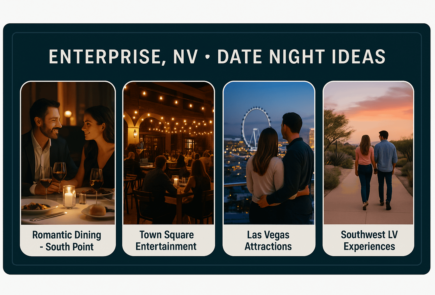 Enterprise Nevada date night ideas featuring romantic dining at South Point, Town Square entertainment activities, couples enjoying Las Vegas area attractions, and Southwest Las Vegas romantic experiences