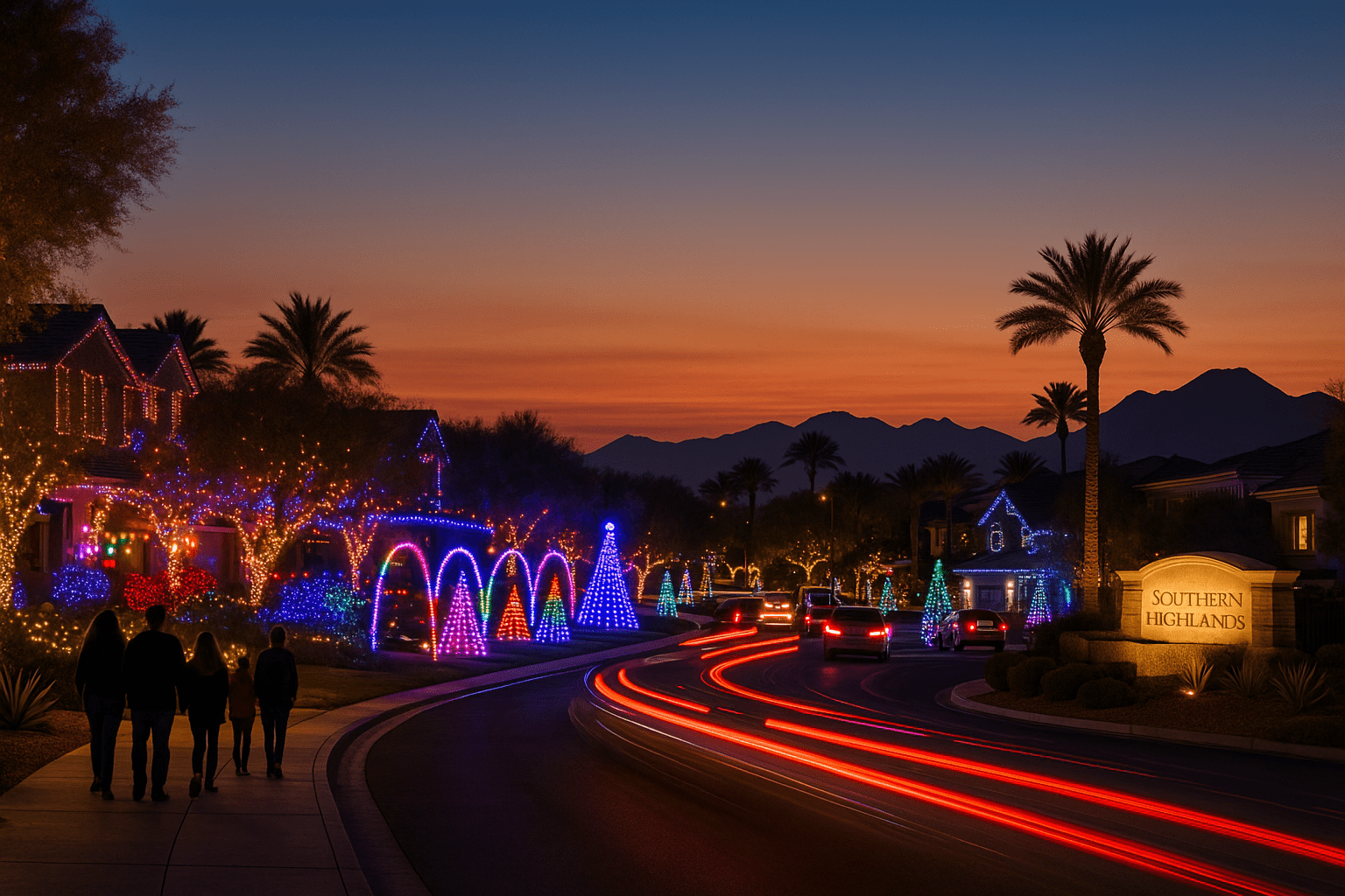 Enterprise Nevada Christmas lights featuring Southwest Las Vegas neighborhoods, Southern Highlands displays, synchronized light shows, and holiday magic