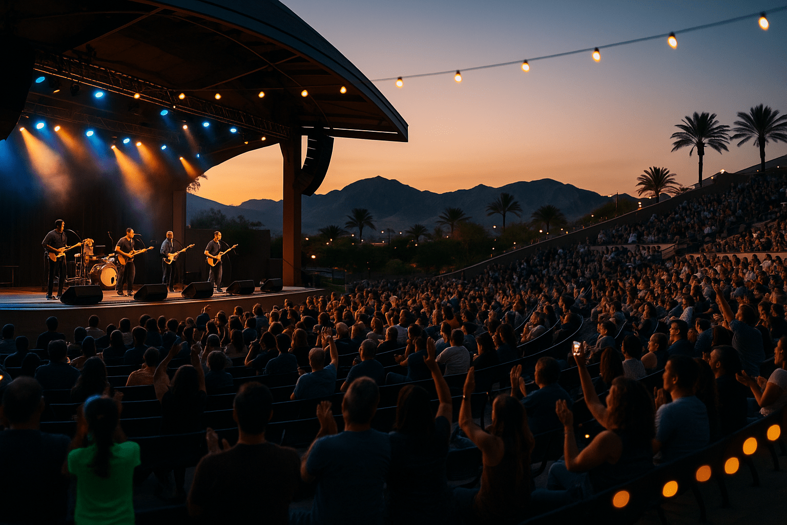 Henderson Nevada outdoor concert amphitheater with live music performance, enthusiastic audience, and evening entertainment atmosphere