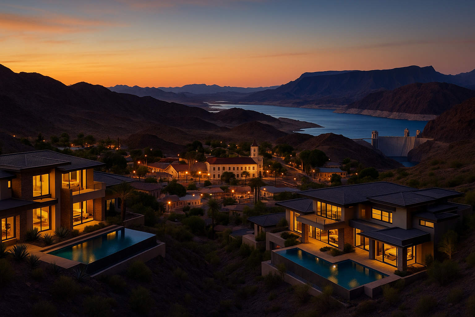 Boulder City Nevada luxury real estate Lake Mead view estates custom homes River Mountain hillside properties historic charm Hoover Dam with desert mountains