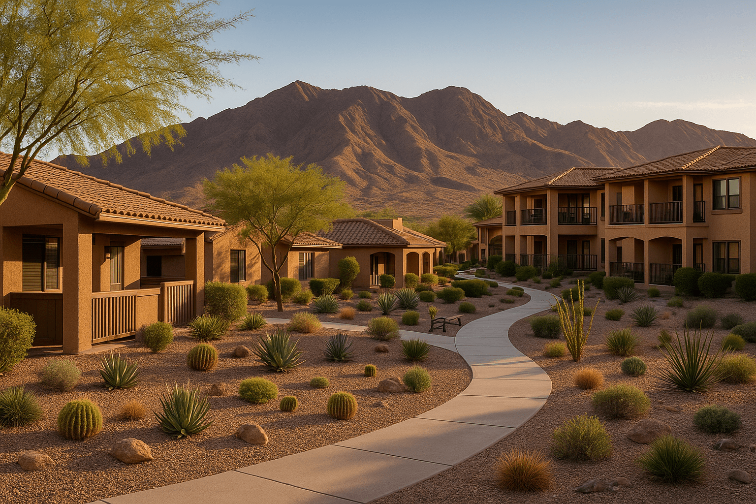 Boulder City Nevada smaller homes and condominiums perfect for downsizing featuring mature landscaping and desert mountain views