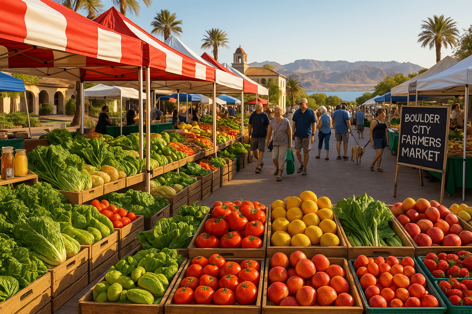 Boulder City Nevada farmers market featuring outdoor vendors with fresh produce, vegetables, and fruits in a community setting with desert mountain backdrop